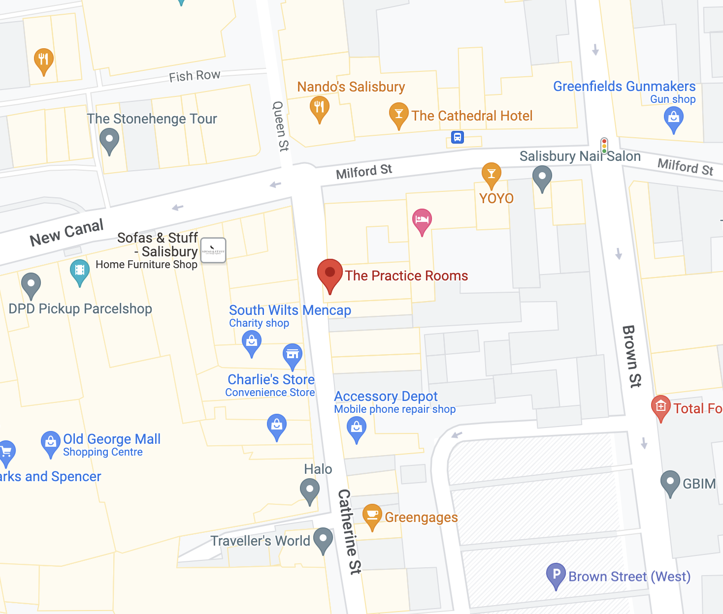Map showing The Practice Rooms, Catherine Street, Salisbury